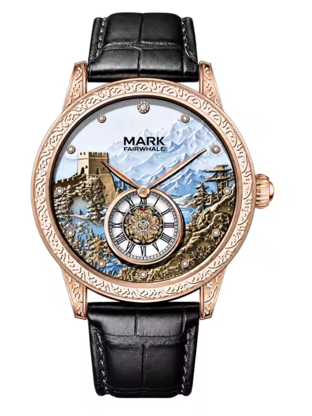 mark. Rose Gold Scenic Dial Black Leather Strap Watch
